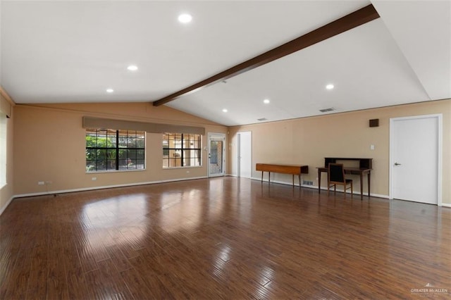 unfurnished living room with vaulted ceiling with beams and dark hardwood / wood-style flooring