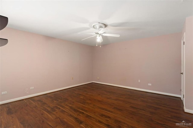 unfurnished room with ceiling fan and dark wood-type flooring