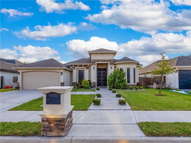 prairie-style house with a front lawn and a garage