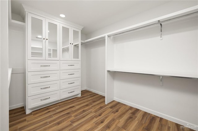 walk in closet with dark hardwood / wood-style flooring