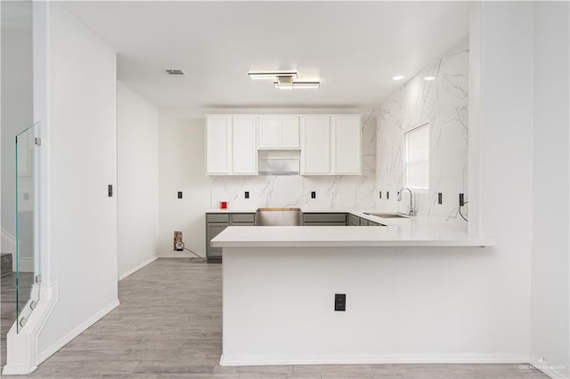 kitchen with sink, white cabinetry, backsplash, kitchen peninsula, and light wood-type flooring