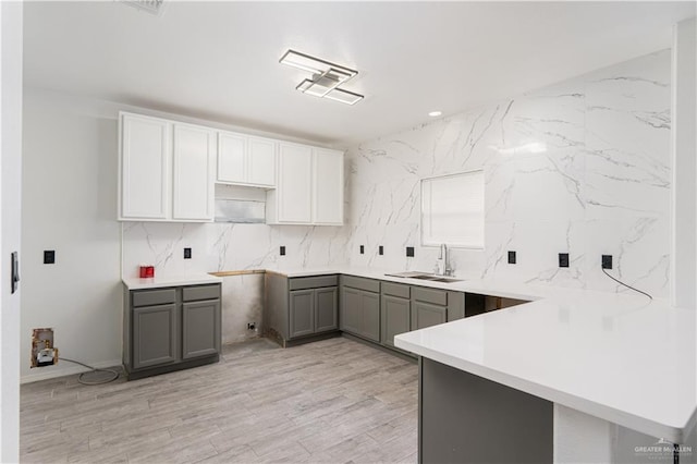 kitchen featuring white cabinetry, sink, gray cabinets, and kitchen peninsula