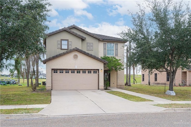 view of property featuring a garage and a front lawn