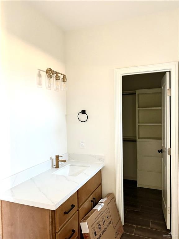 bathroom with hardwood / wood-style floors and vanity