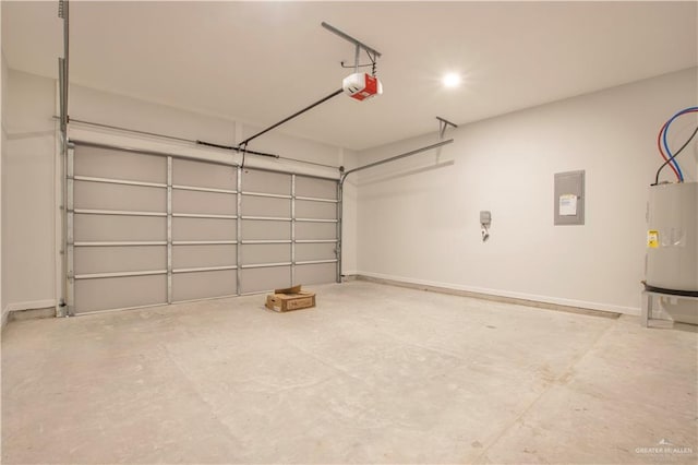 garage featuring electric water heater, electric panel, and a garage door opener