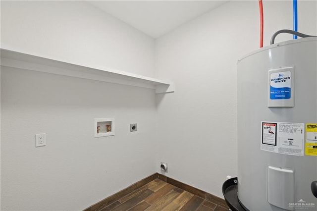 1815 W Adelita St, Weslaco, TX 78599 - washroom featuring water heater, electric dryer hookup, dark wood-style flooring, and washer hookup