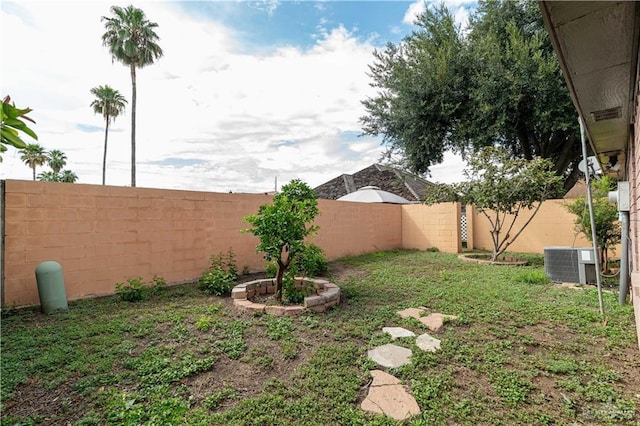 view of yard with a fenced backyard and central air condition unit