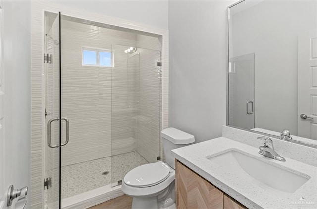 bathroom with vanity, toilet, and a shower stall