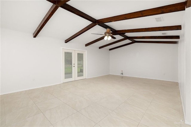 unfurnished room with french doors, light tile patterned floors, visible vents, lofted ceiling with beams, and ceiling fan