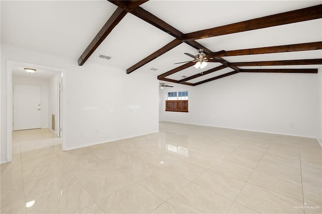 spare room featuring a ceiling fan, visible vents, vaulted ceiling with beams, and baseboards