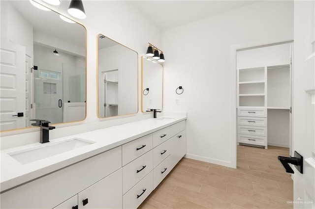 bathroom featuring wood-type flooring, vanity, and a shower with door