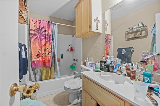 full bathroom with shower / bath combination with curtain, toilet, and vanity