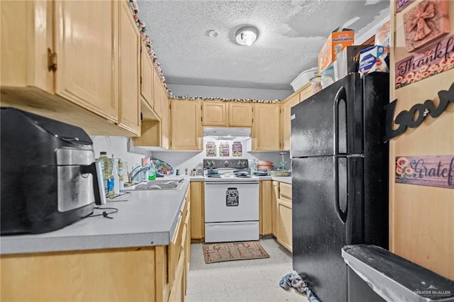 kitchen with black refrigerator, a textured ceiling, sink, light brown cabinets, and white range with electric cooktop