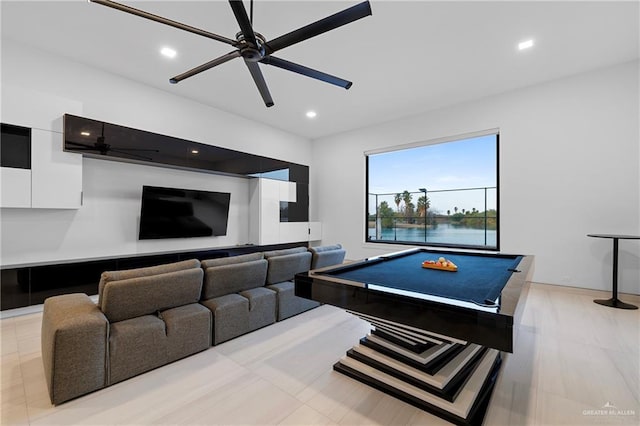 recreation room with pool table and ceiling fan