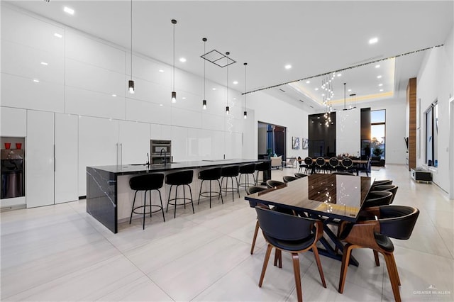 dining space featuring a high ceiling and a tray ceiling