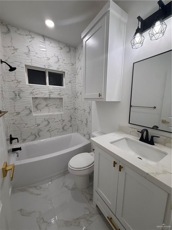 full bathroom featuring toilet, vanity, tub / shower combination, marble finish floors, and recessed lighting