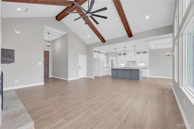 2427 Summer Breeze St, Mission, TX 78572 - unfurnished living room with a ceiling fan, beamed ceiling, high vaulted ceiling, and light wood-style flooring