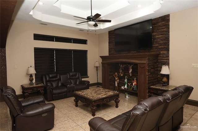 5310 Nicole Dr, Edinburg, TX 78542 - tiled living room with a raised ceiling and a ceiling fan