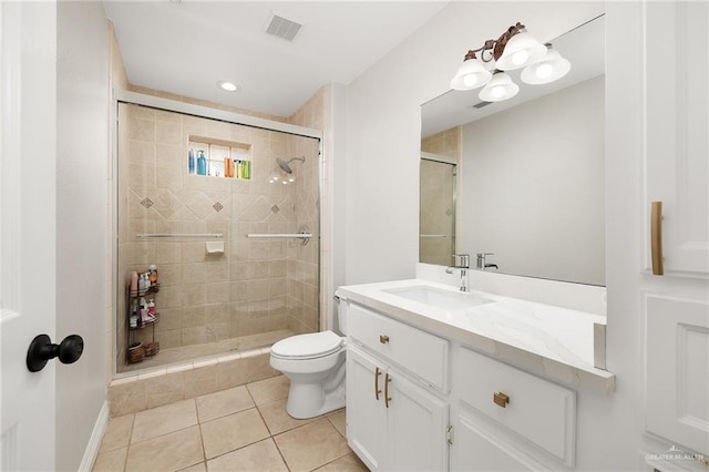 full bath featuring tile patterned flooring, a shower stall, toilet, and visible vents