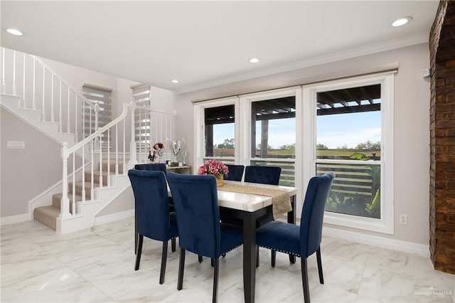 dining space with baseboards, marble finish floor, and stairs