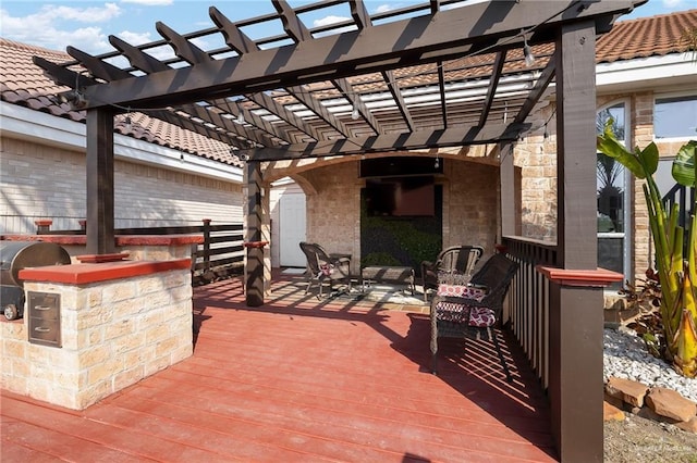 view of patio featuring a pergola, heating fuel, and a deck