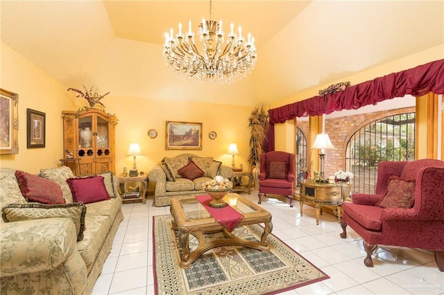 living room with a notable chandelier, light tile patterned floors, and high vaulted ceiling