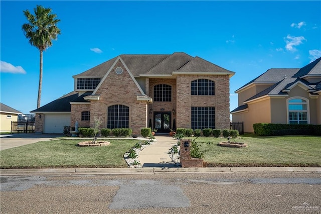 view of front of property with a garage and a front yard