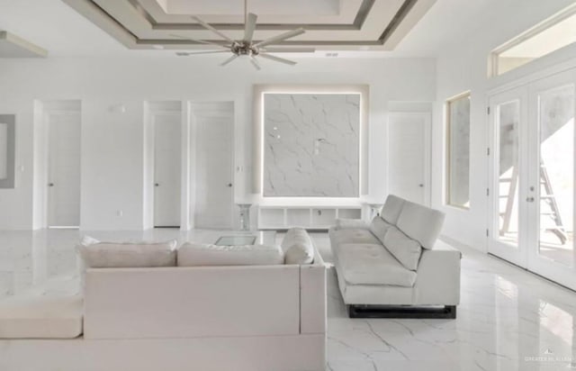 3011 E Ebano Ave, Hidalgo, TX 78557 - living room with marble tiled flooring, french doors, ceiling fan, and coffered ceiling