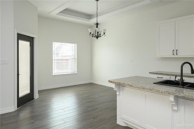 kitchen featuring a tray ceiling, dark wood-style flooring, a sink, and white cabinets