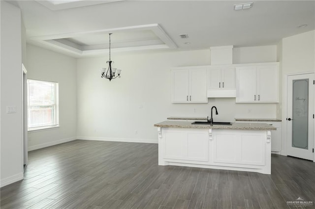 kitchen with dark wood finished floors, a raised ceiling, visible vents, white cabinets, and a sink