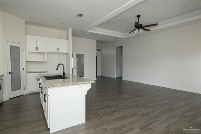 kitchen featuring dark wood-type flooring, a sink, open floor plan, an island with sink, and a raised ceiling