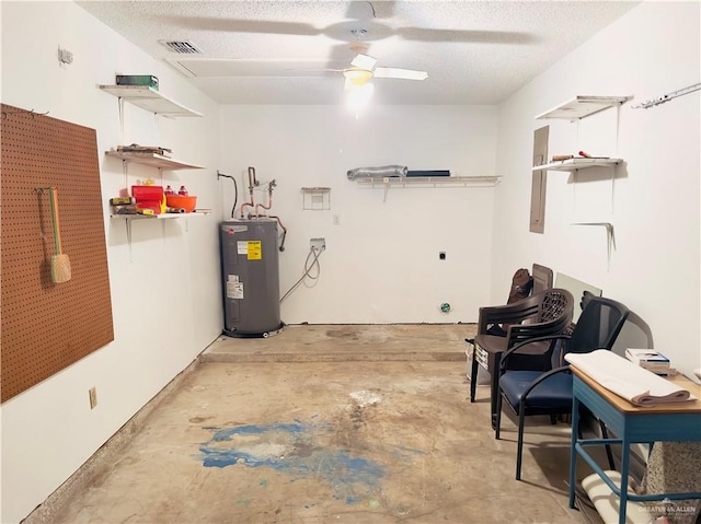 interior space featuring electric water heater and ceiling fan