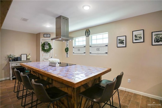 dining space featuring wood finish floors, visible vents, and baseboards