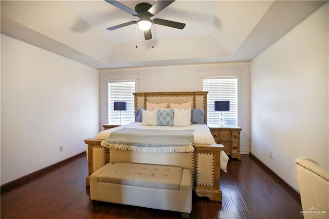 bedroom with a raised ceiling, multiple windows, baseboards, and wood finished floors