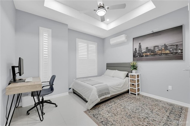 6073 Surrey Ln, Brownsville, TX 78526 - tiled bedroom featuring a wall mounted AC, a tray ceiling, an office area, baseboards, and recessed lighting