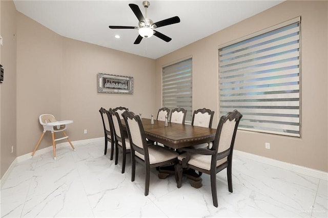 dining room with recessed lighting, marble finish floor, baseboards, and ceiling fan