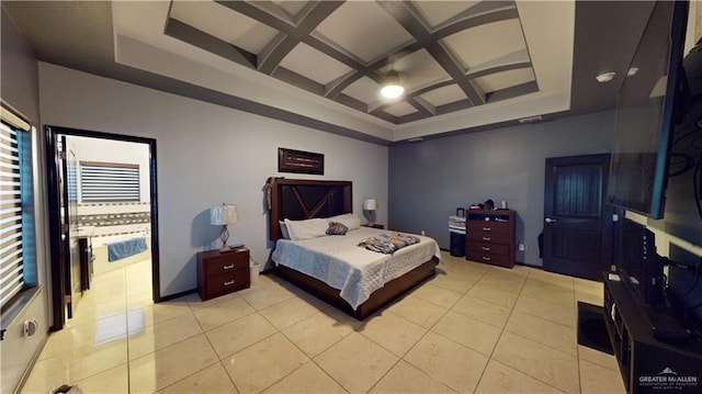 tiled bedroom with beam ceiling and coffered ceiling