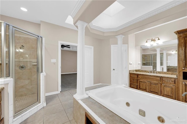 bathroom with vanity, tile patterned floors, ornamental molding, independent shower and bath, and decorative columns