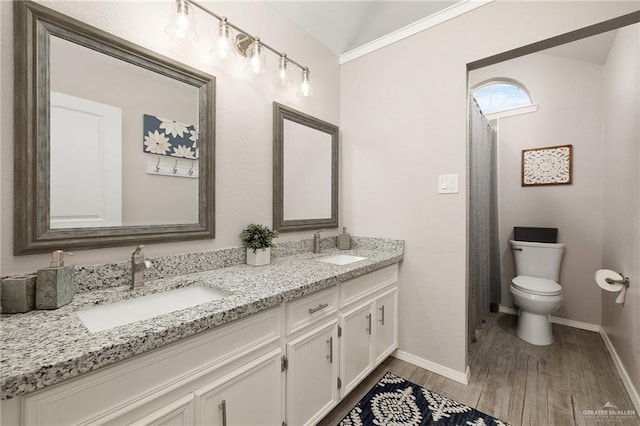 2005 Oriole Ave, Mcallen, TX 78504 - bathroom featuring double vanity, toilet, wood finished floors, and baseboards