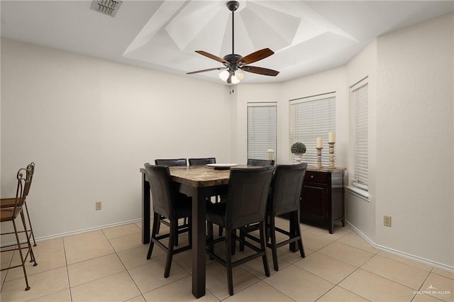 2005 Oriole Ave, Mcallen, TX 78504 - dining area featuring a raised ceiling, ceiling fan, light tile patterned flooring, and baseboards