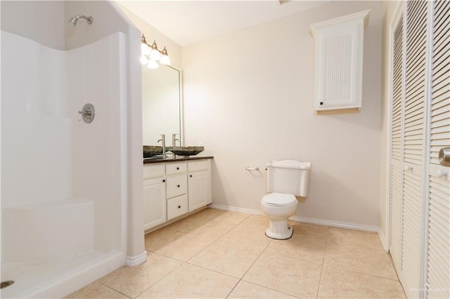 bathroom featuring tile patterned floors, walk in shower, vanity, and toilet