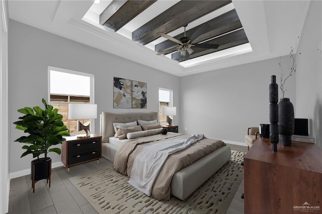 1104 Azalea Ave, Mission, TX 78573 - bedroom featuring a raised ceiling, baseboards, beamed ceiling, and a ceiling fan