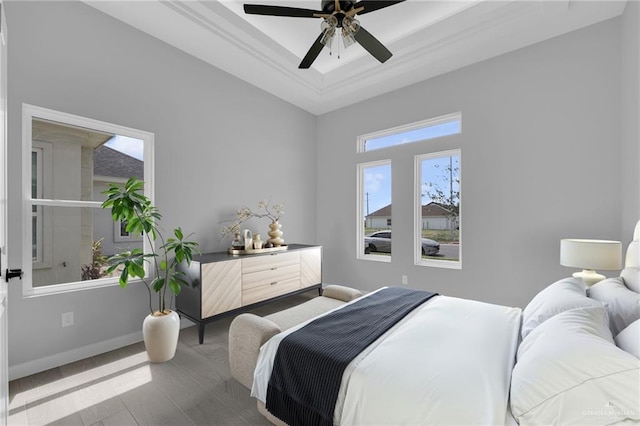1104 Azalea Ave, Mission, TX 78573 - bedroom with dark wood-style floors, a ceiling fan, baseboards, and a raised ceiling