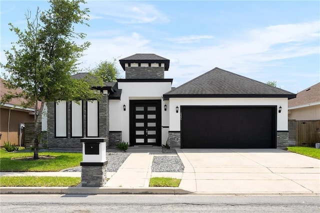 prairie-style home with stone siding, driveway, fence, an attached garage, and stucco siding