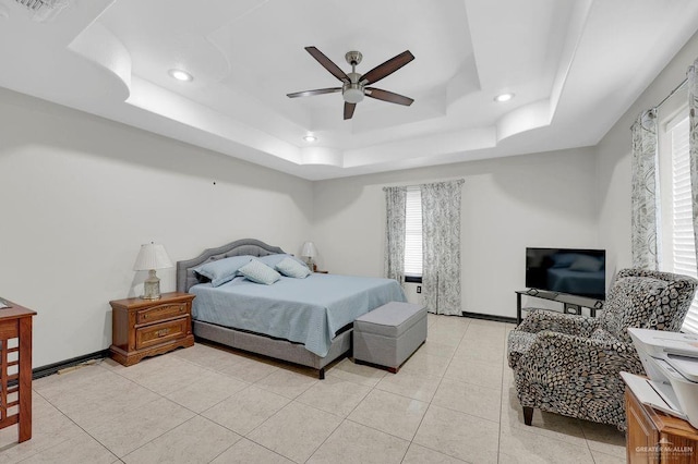 3908 Hill Crest Dr, Mission, TX 78573 - bedroom featuring a raised ceiling, recessed lighting, ceiling fan, and light tile patterned flooring