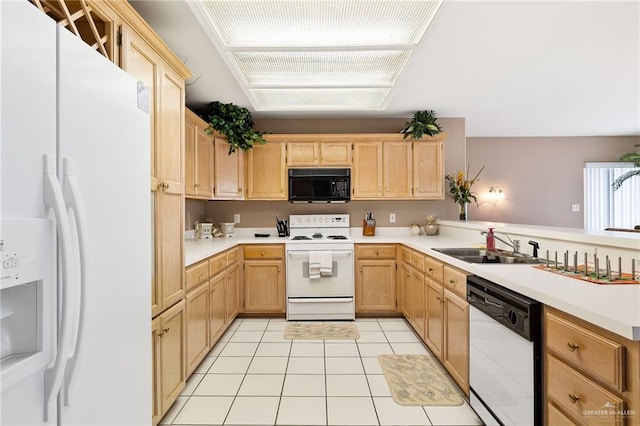 kitchen with light brown cabinets, white appliances, light tile patterned floors, and sink