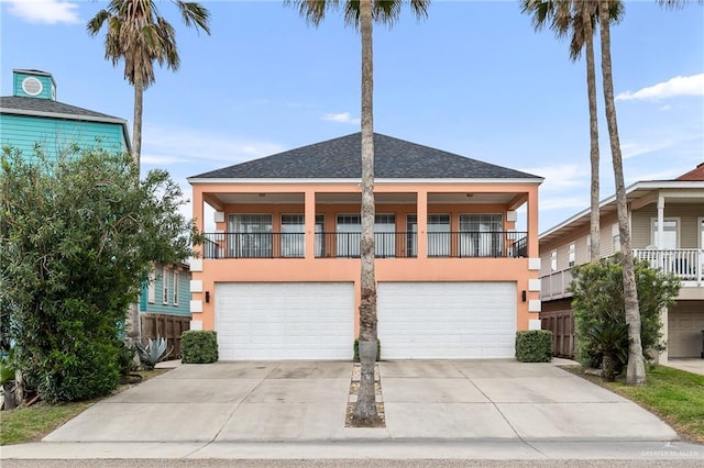 view of front of home with a balcony and a garage