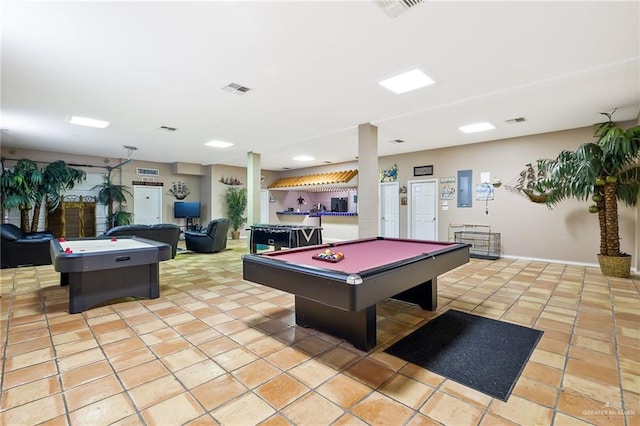 playroom featuring bar, light tile patterned floors, and pool table