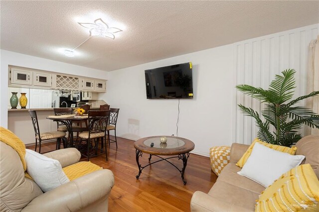 living room with a textured ceiling and light hardwood / wood-style floors