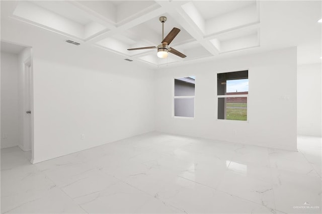 spare room with beam ceiling, ceiling fan, and coffered ceiling